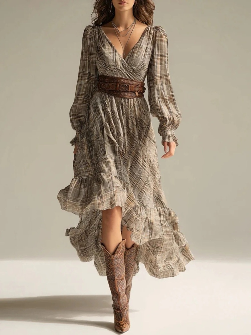 Plaid High-Low Long Sleeve Dress